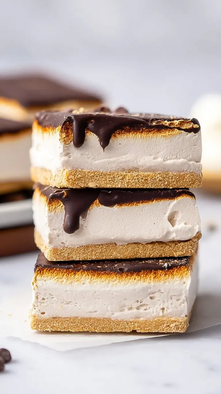 A stack of frozen s'mores bars with chocolate and marshmallow protein filling