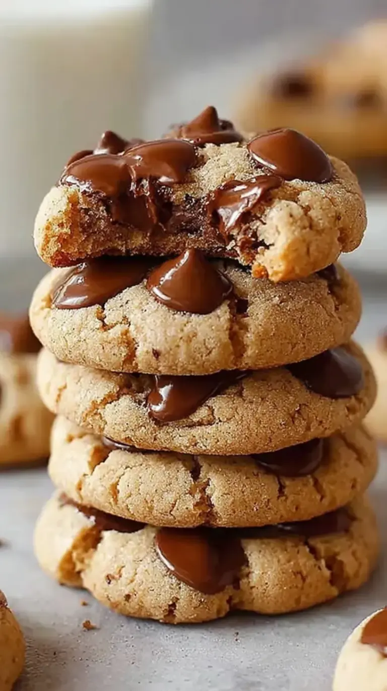 A pile of soft-baked protein greek yogurt cookies with mini chocolate chips on a cooling rack.