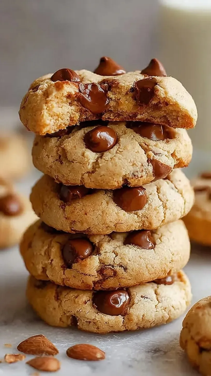 A stack of soft protein greek yogurt cookies with mini chocolate chips on a cooling rack