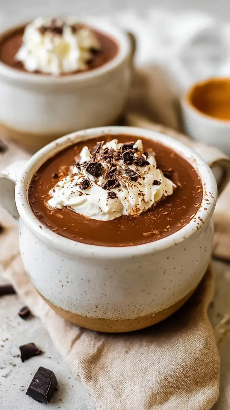 A steaming mug of dark protein hot chocolate on a wooden table with a soft blanket nearby.