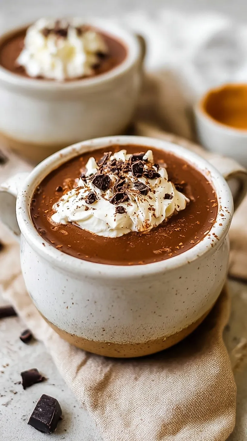 A steaming mug of dark protein hot chocolate on a wooden table with a soft blanket nearby.