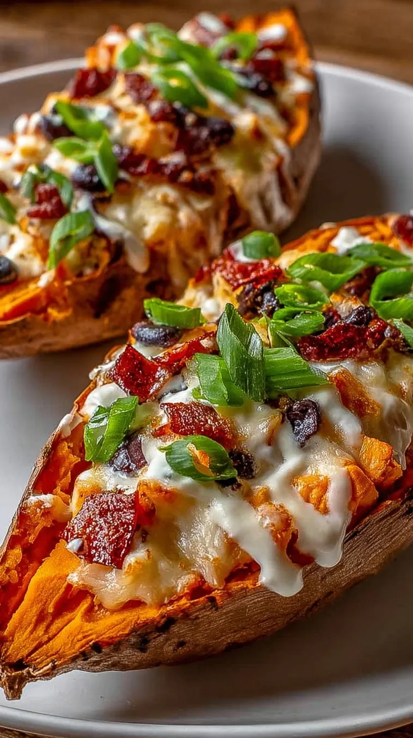 Two roasted sweet potato boats stuffed with ground turkey, black beans, and melted cheese on a white plate.