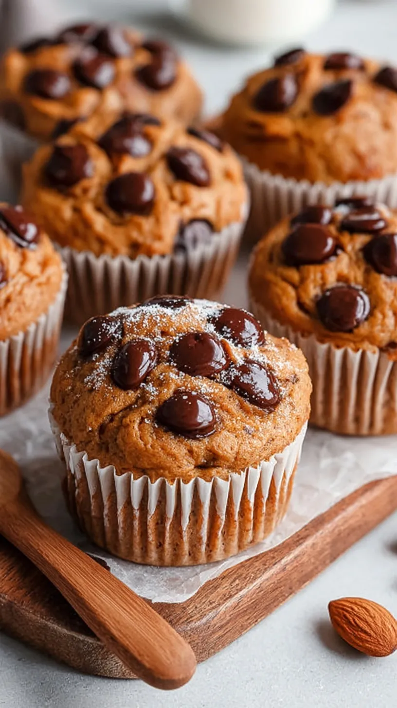 A stack of golden brown whey protein muffins with dark chocolate chips on a wire cooling rack