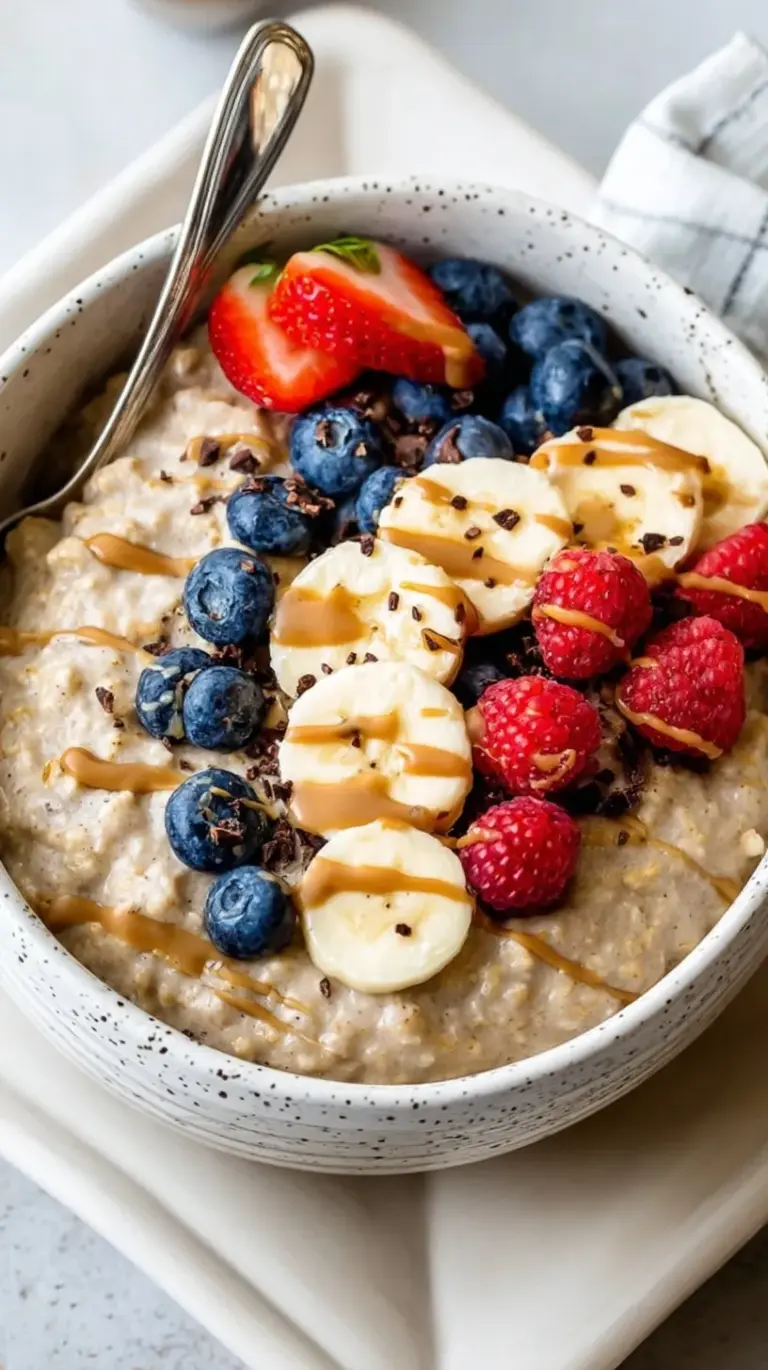 A warm bowl of creamy protein oatmeal topped with almond butter and cinnamon.