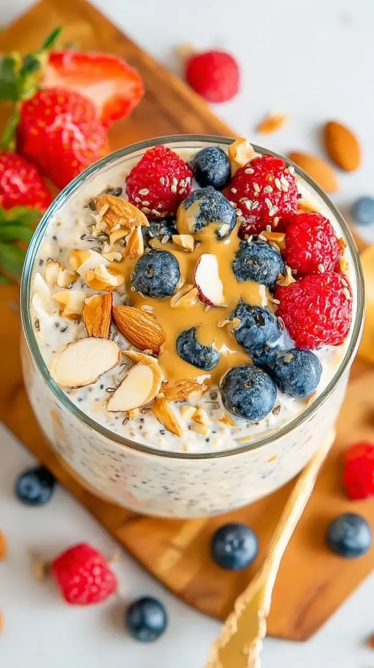 A mason jar filled with creamy protein overnight oats topped with fresh berries and chia seeds
