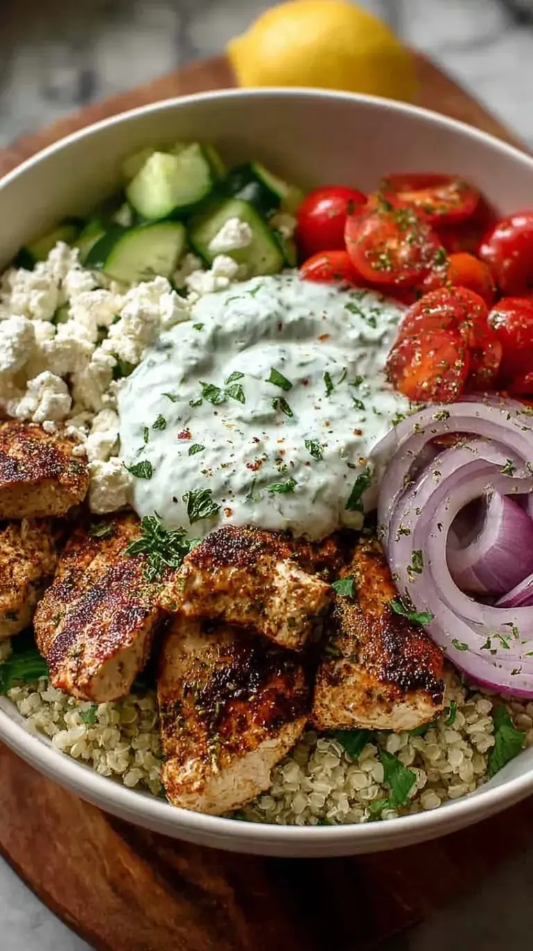 A colorful Greek Chicken Power Bowl with grilled chicken, quinoa, fresh vegetables, and creamy tzatziki sauce.