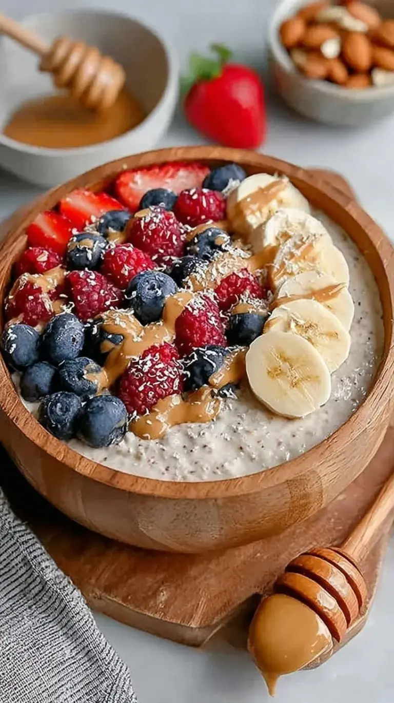 A glass jar filled with creamy protein powder overnight oats topped with fresh berries and chia seeds.