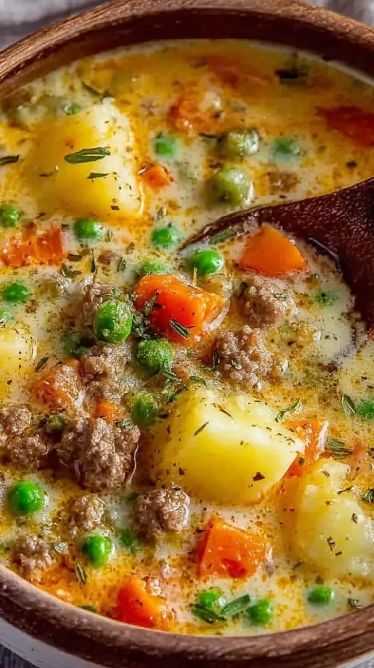 A steaming bowl of creamy Shepherd's Pie Soup topped with fresh herbs and black pepper.