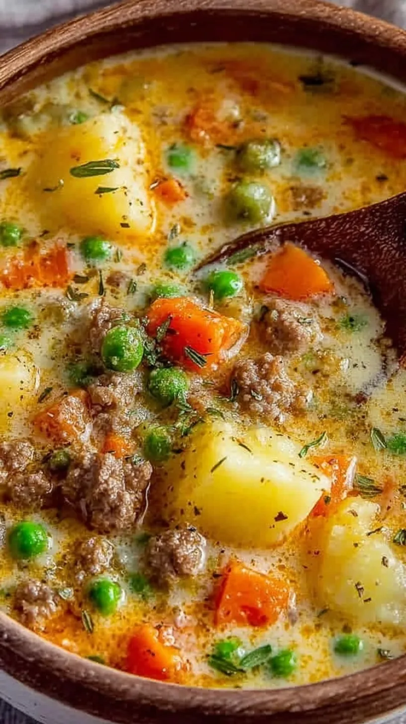 A steaming bowl of creamy Shepherd's Pie Soup topped with fresh herbs and black pepper.