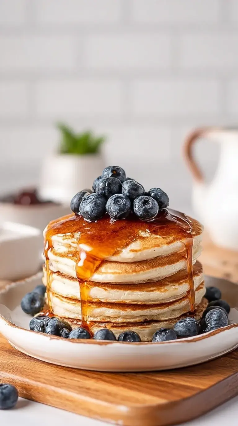 A stack of fluffy protein pancakes topped with fresh spring berries and a drizzle of syrup on a clean white plate.