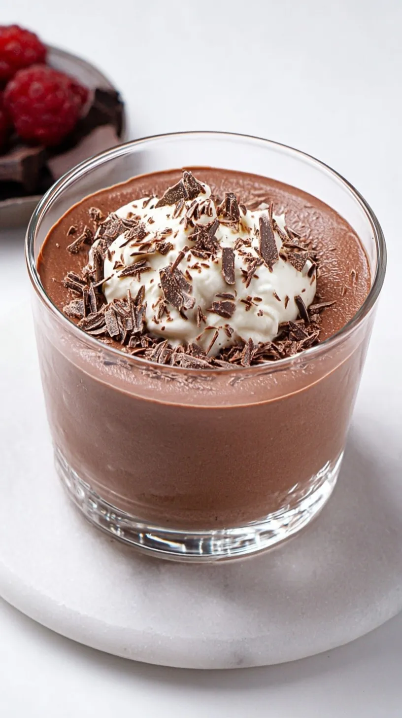 A smooth and creamy chocolate protein pudding in a glass bowl topped with fresh berries.