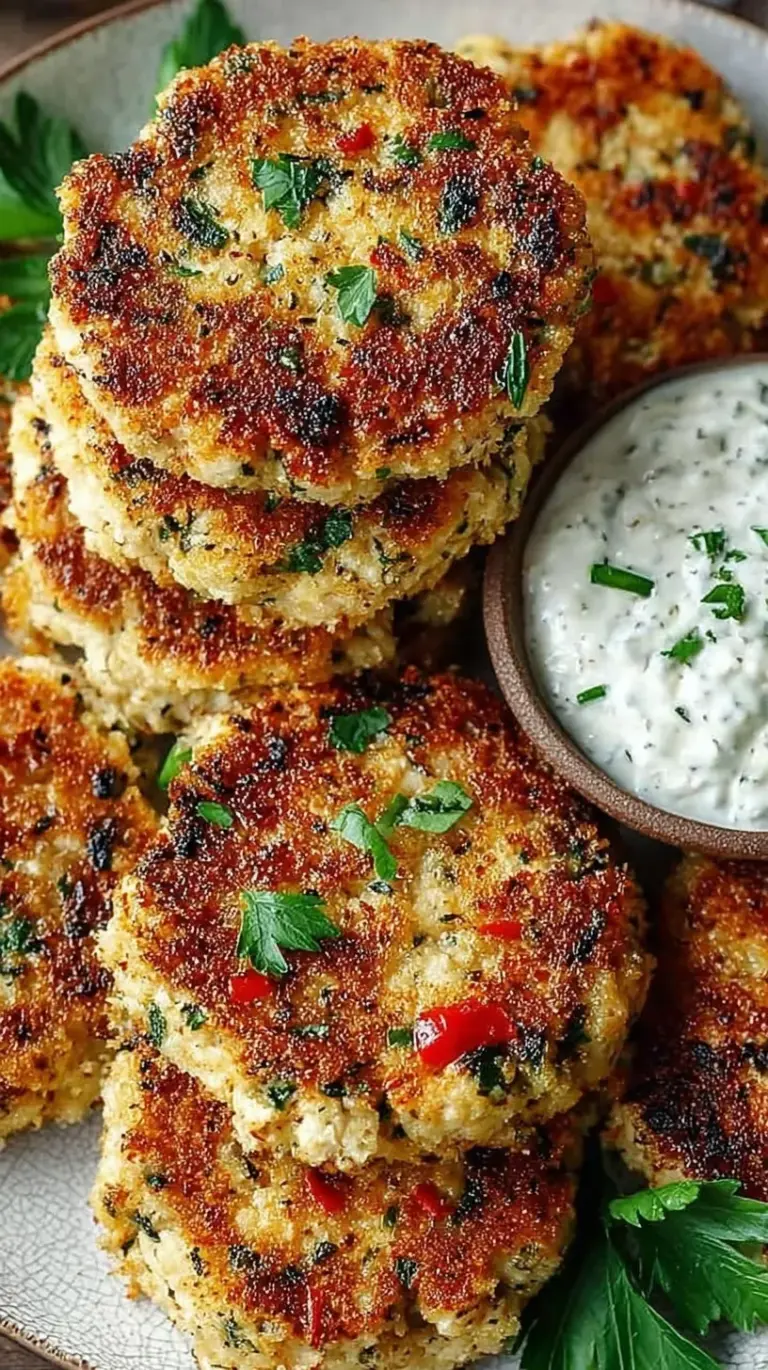 Golden brown cottage cheese patties served on a white plate with fresh berries and yogurt