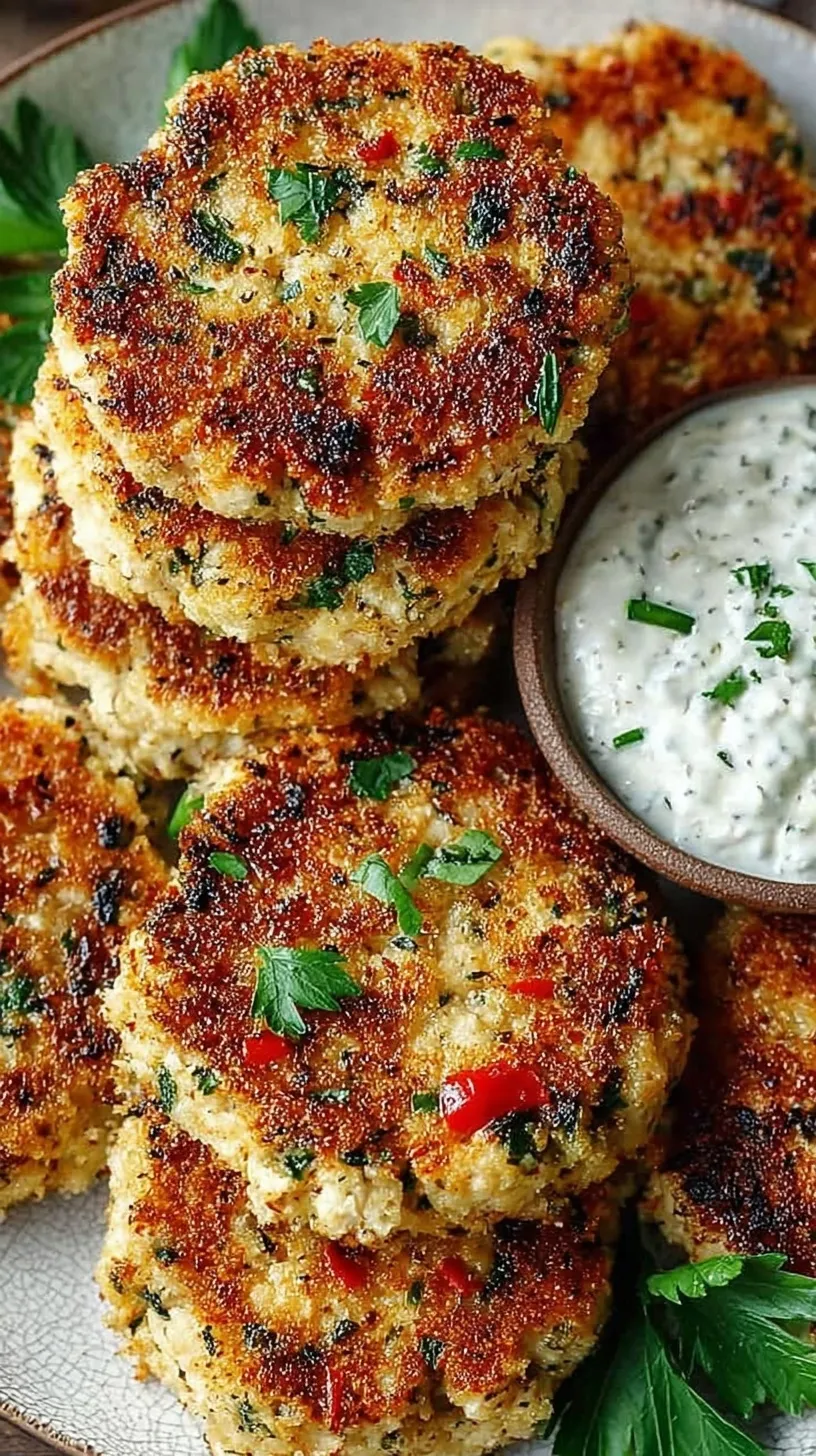 Golden brown cottage cheese patties served on a white plate with fresh berries and yogurt
