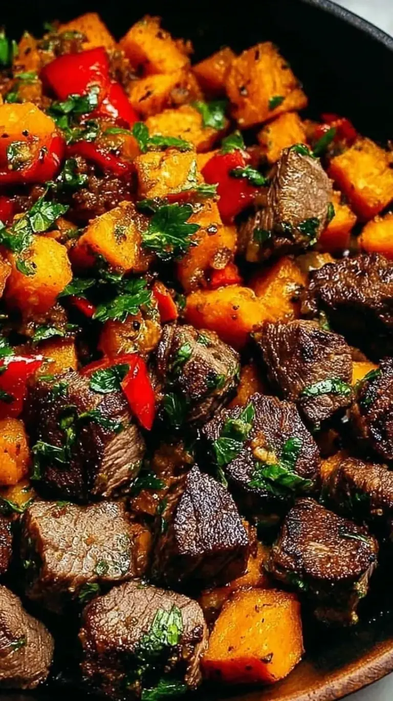 A skillet filled with seared steak bites, roasted orange sweet potato cubes, and charred green and red bell peppers.