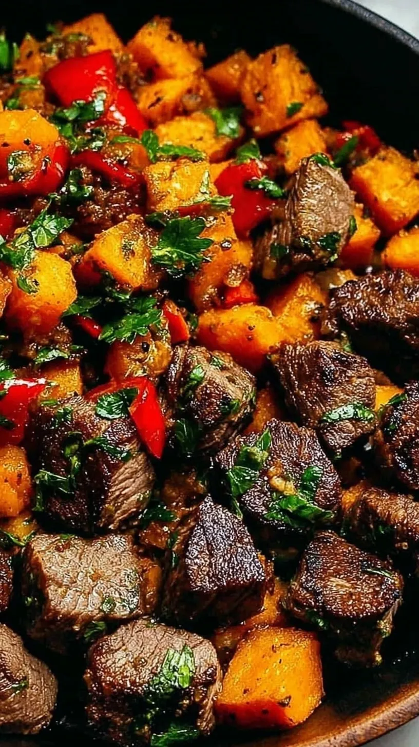 A skillet filled with seared steak bites, roasted orange sweet potato cubes, and charred green and red bell peppers.