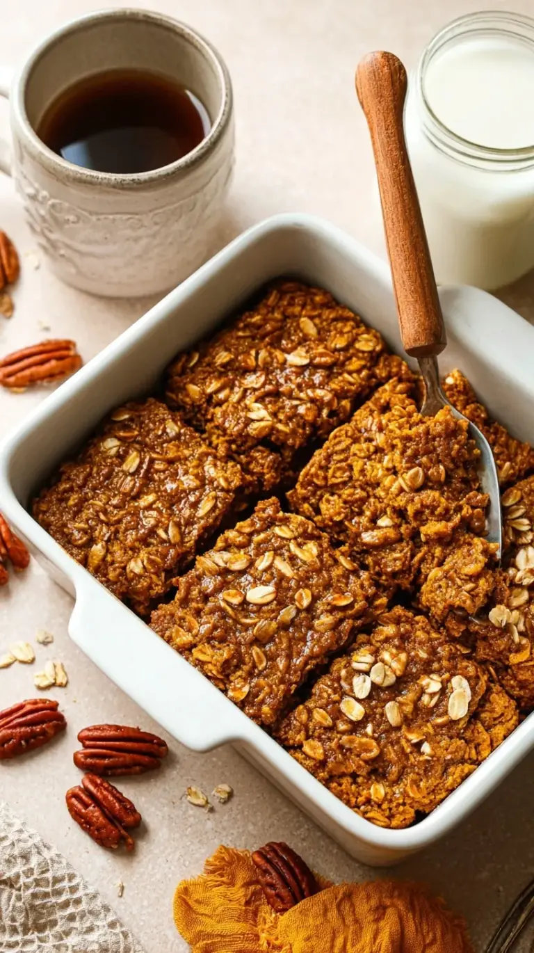 A square of golden brown pumpkin baked oatmeal topped with walnuts on a white plate