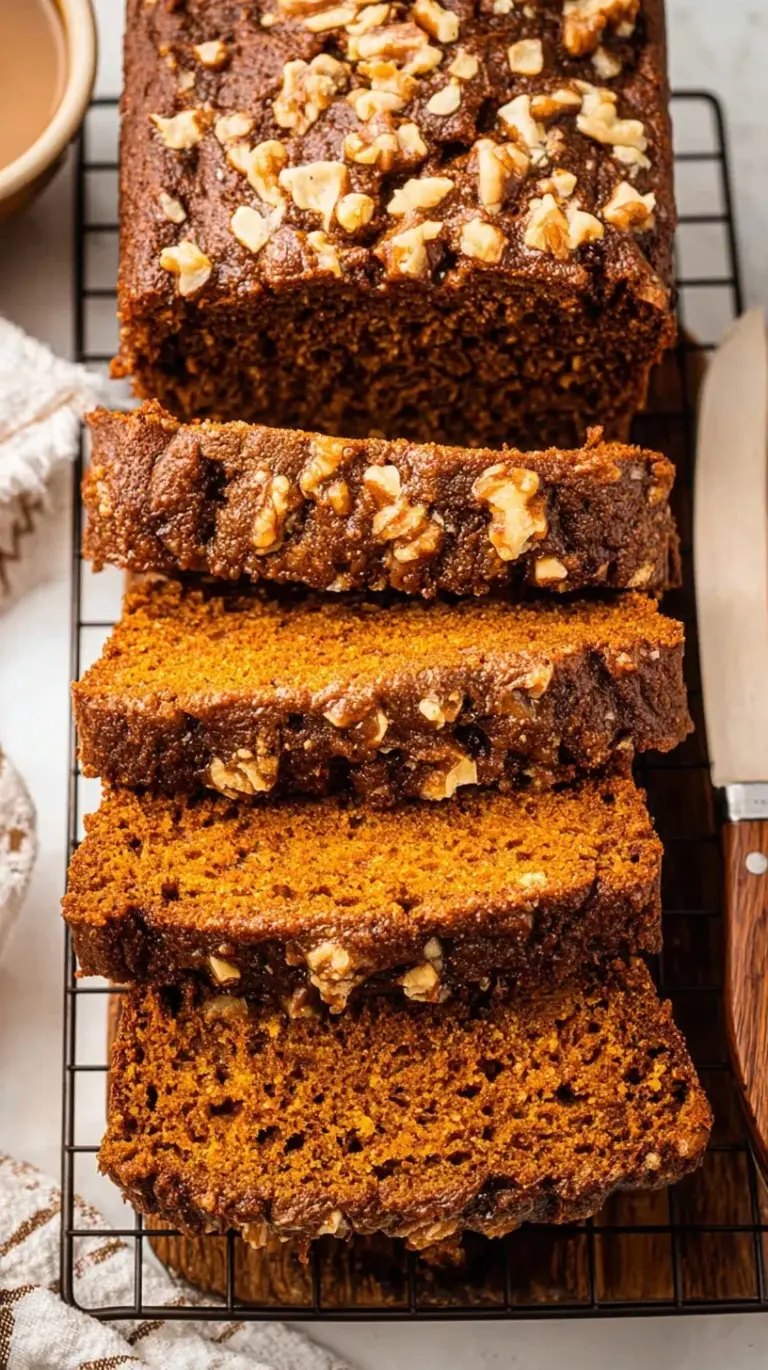 A sliced loaf of moist pumpkin banana bread on a wooden board with autumn decorations.