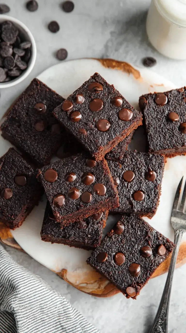 A stack of sliced chocolate brownies with an orange pumpkin cream cheese marble swirl on a wooden board.