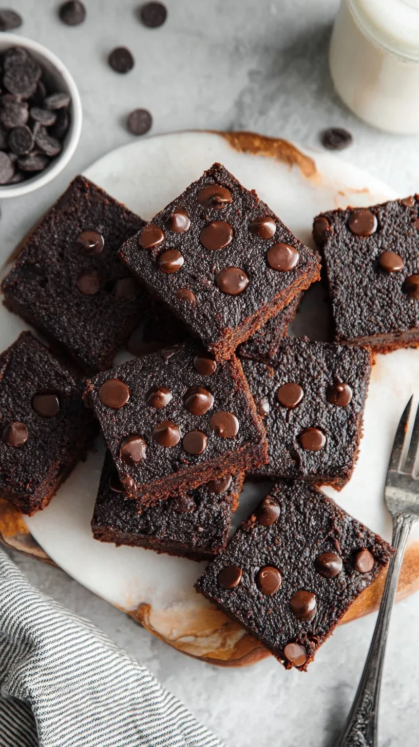 A stack of sliced chocolate brownies with an orange pumpkin cream cheese marble swirl on a wooden board.