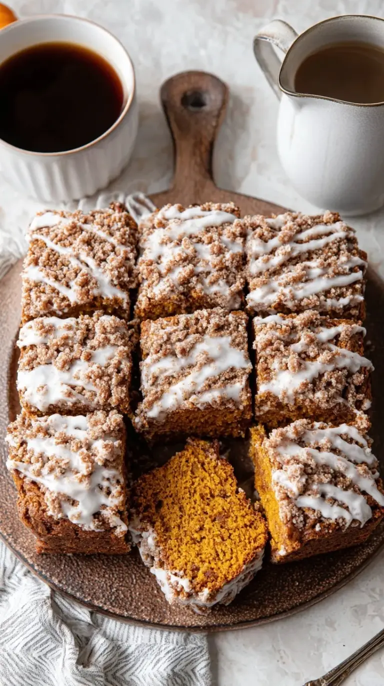 A square slice of pumpkin coffee cake with a thick layer of cinnamon streusel on a white plate.
