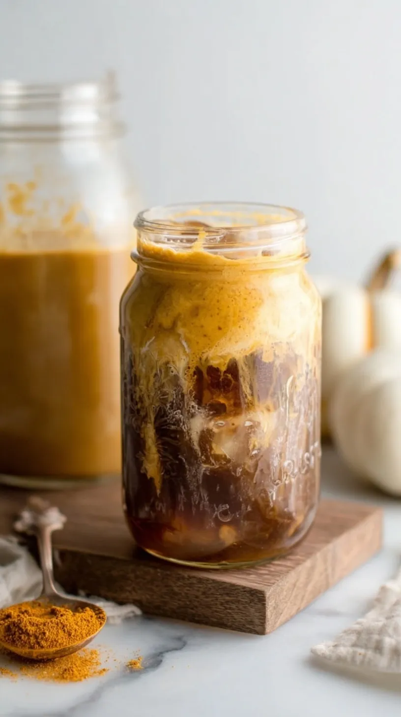 A tall glass of cold brew coffee topped with a thick layer of orange pumpkin cream cold foam and a sprinkle of spice.