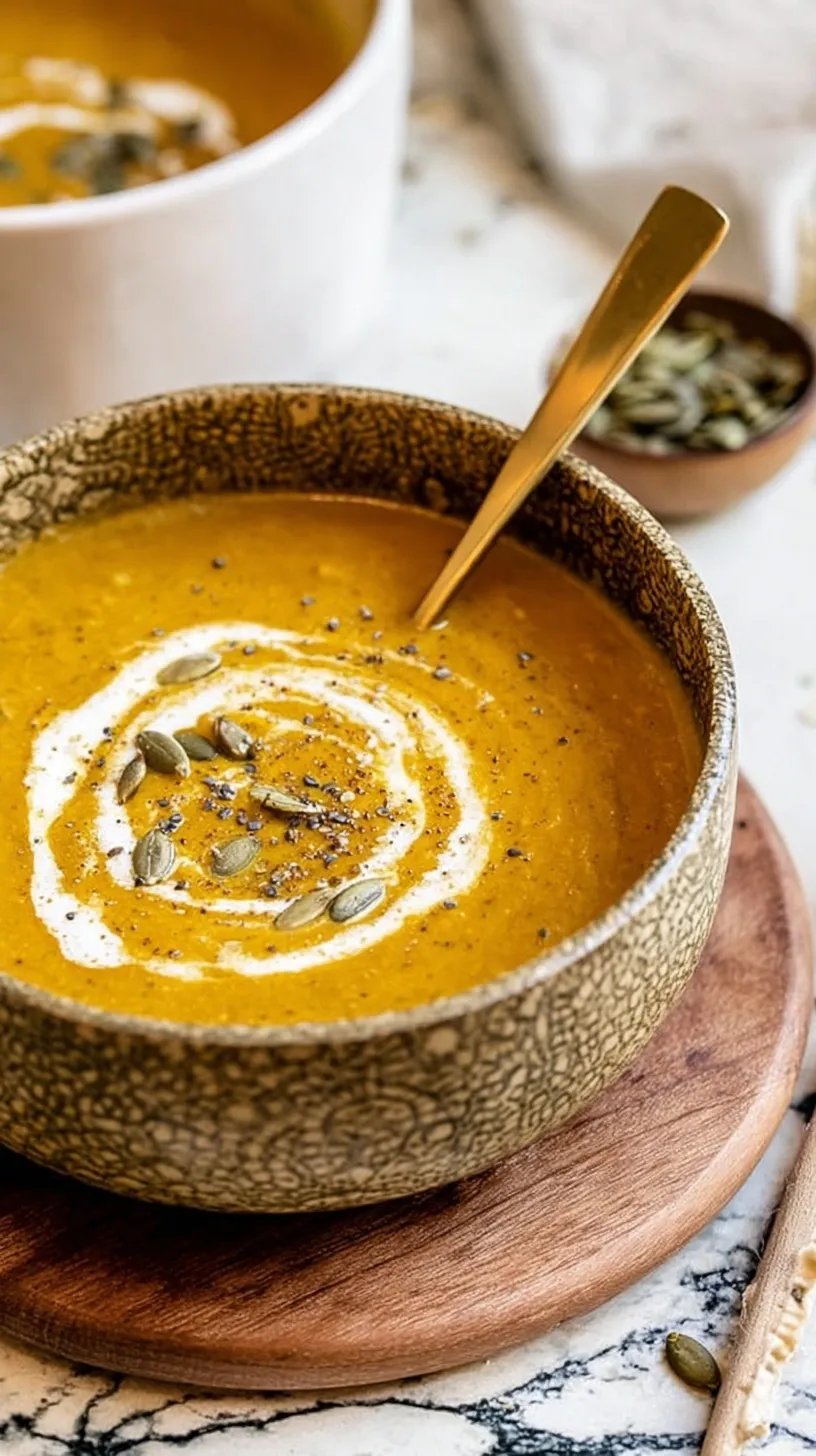 A bowl of creamy orange pumpkin curry soup topped with fresh cilantro and a swirl of coconut milk.