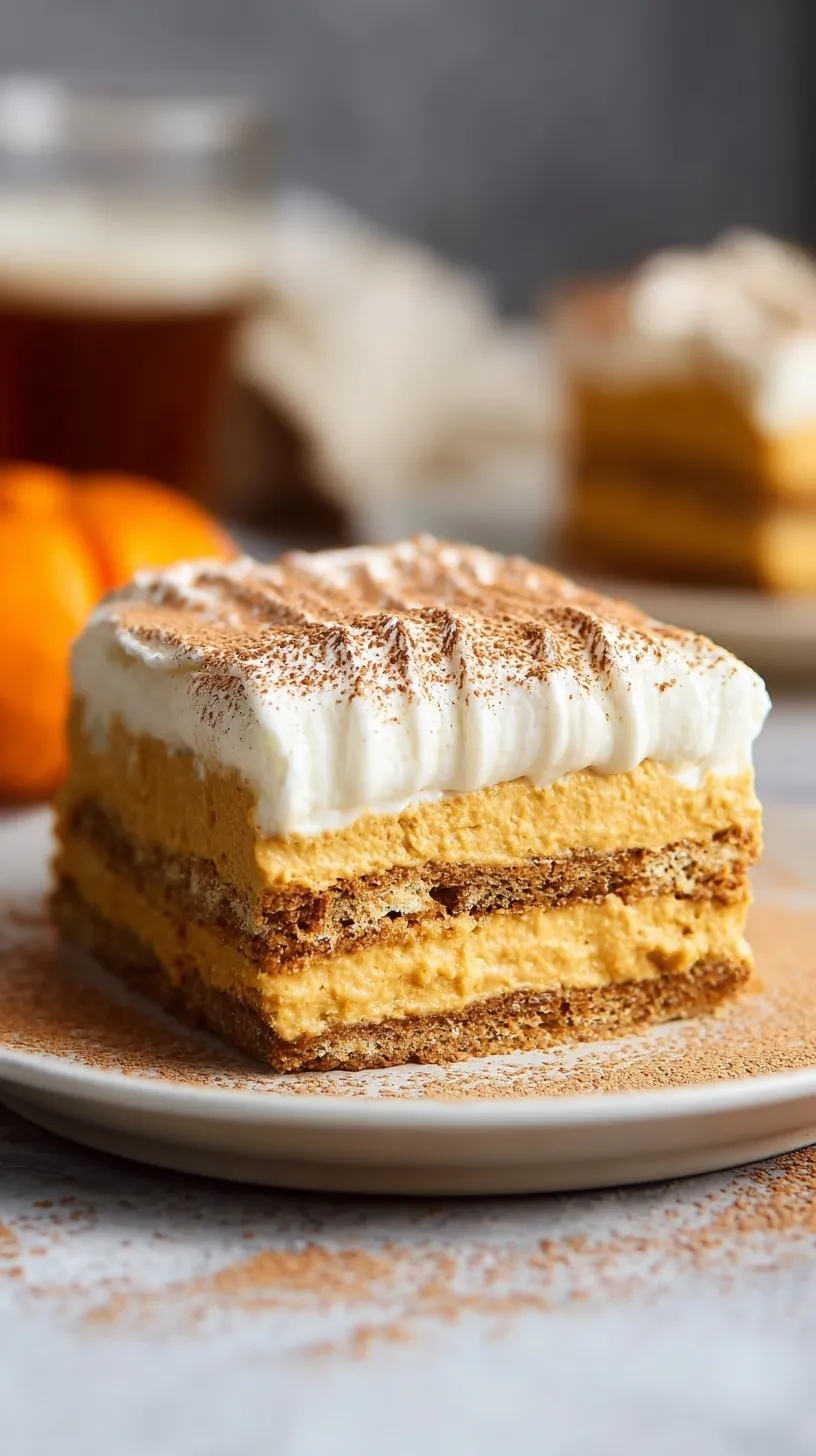 A layered pumpkin icebox cake topped with caramel drizzle and pecans in a glass baking dish.