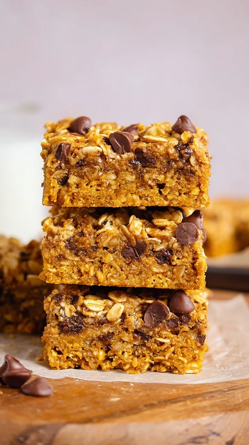 A stack of chewy pumpkin oatmeal bars with chocolate chips on a wooden board
