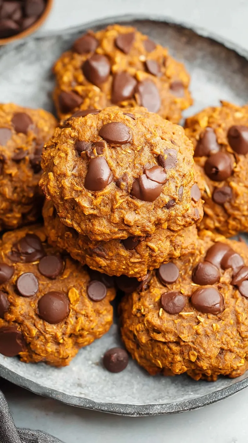 A stack of soft pumpkin oatmeal cookies with visible chocolate chips on a wire cooling rack.