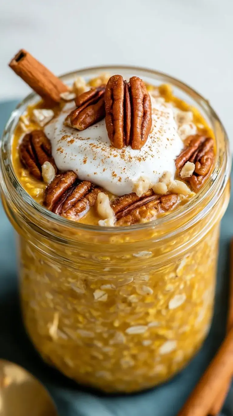A glass jar filled with creamy pumpkin overnight oats topped with cinnamon and pecans
