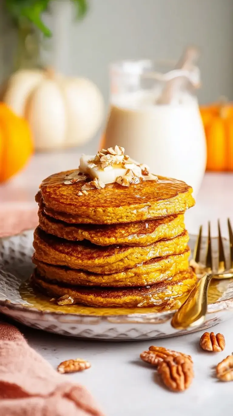 Stack of fluffy pumpkin protein pancakes topped with yogurt and cinnamon on a white plate