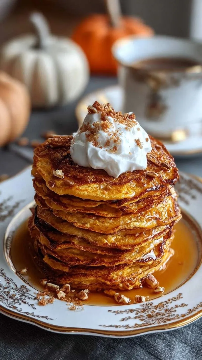 Stack of golden pumpkin cottage cheese pancakes topped with maple syrup on a white plate