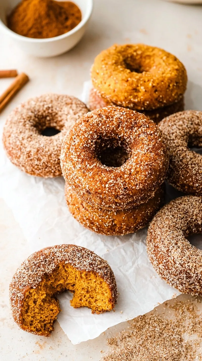 A stack of golden baked pumpkin donuts coated in sparkling cinnamon sugar on a wire rack.