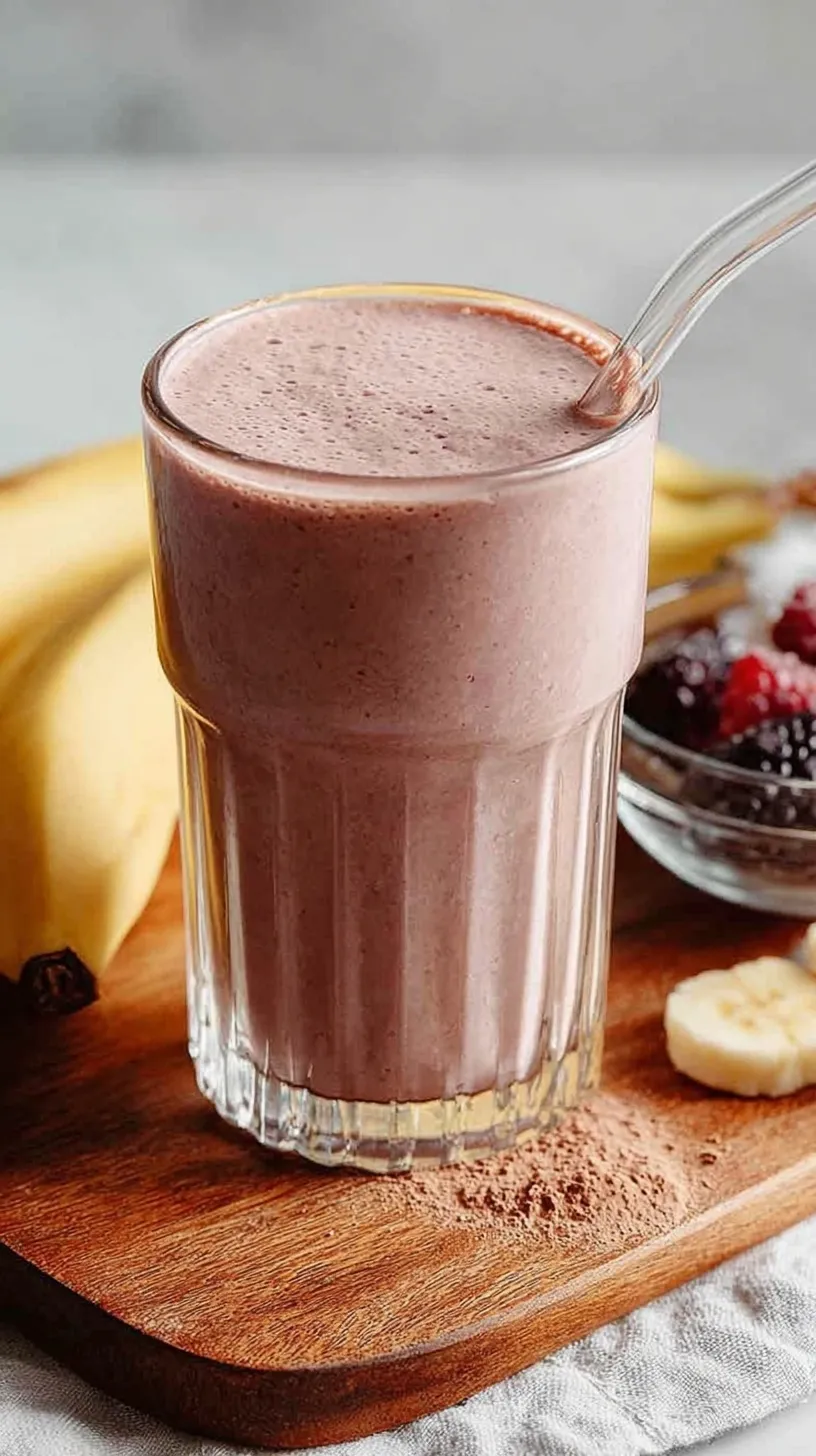 A tall glass of creamy banana peanut butter protein smoothie on a bright kitchen counter.