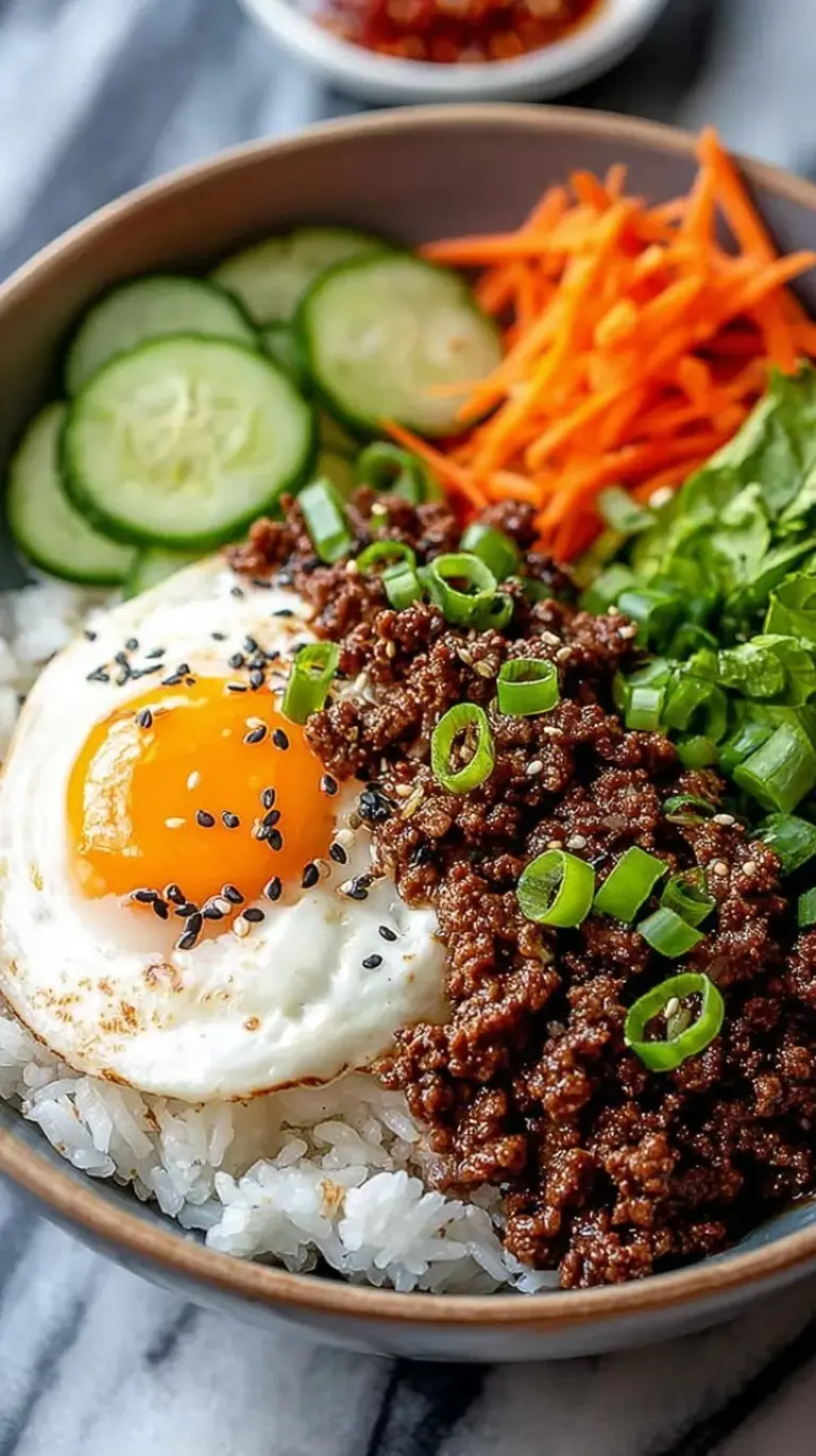 A savory Korean ground beef bowl served over white rice with green onions and sesame seeds