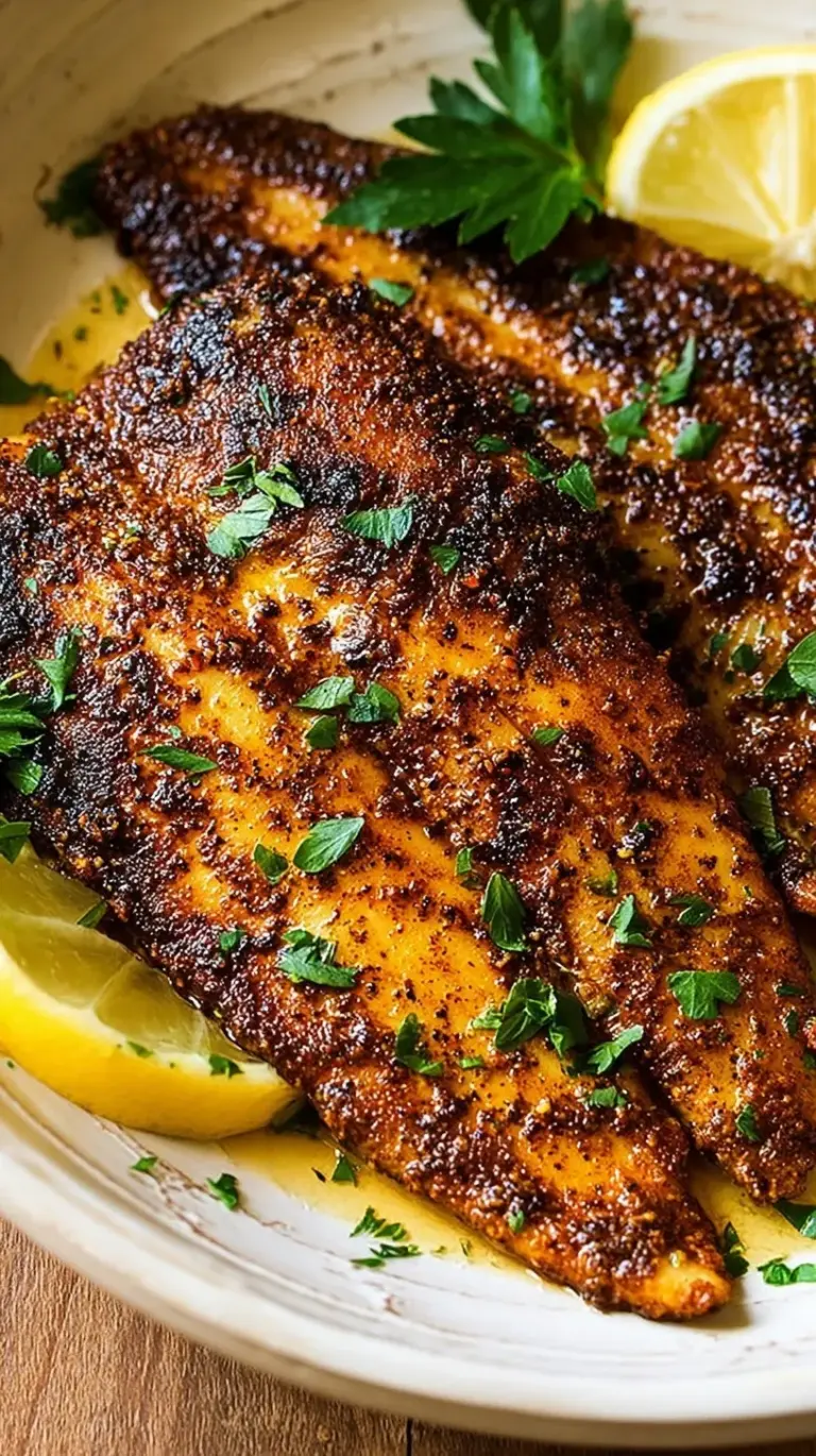 Pan-seared blackened tilapia fillets with a dark spice crust and lemon wedges in a cast-iron skillet.