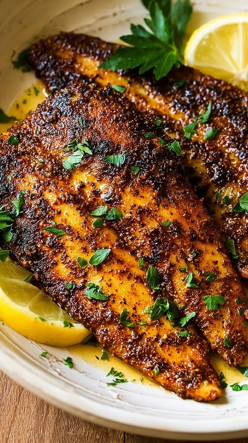 Pan-seared blackened tilapia fillets with a dark spice crust and lemon wedges in a cast-iron skillet.