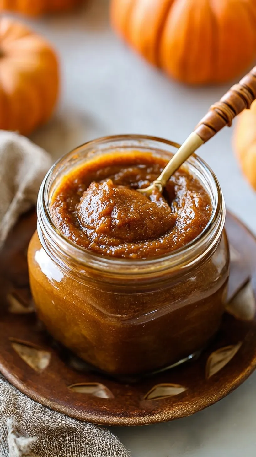 A glass jar filled with glossy, dark orange pumpkin butter next to a wooden spoon and cinnamon sticks.