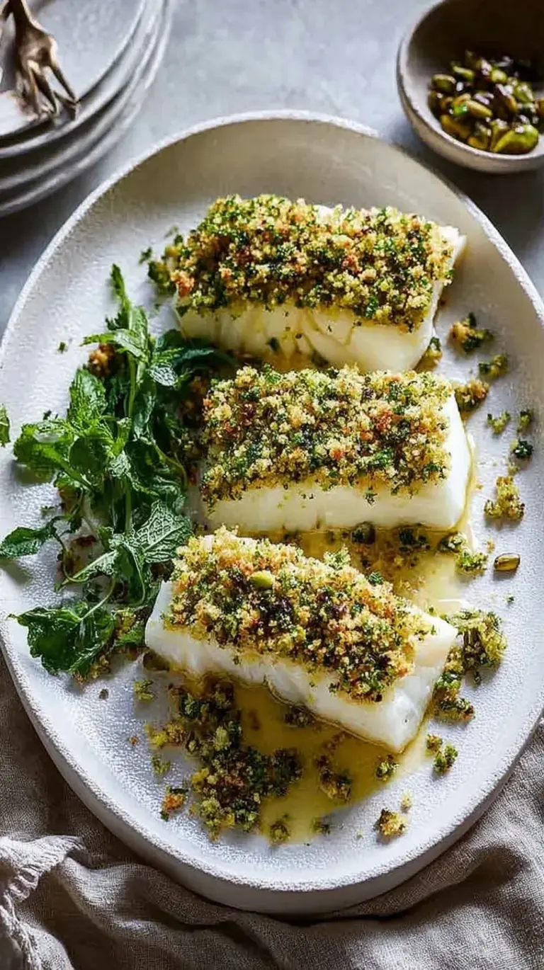 Golden brown herb-crusted white fish fillet served with fresh lemon wedges on a white plate.