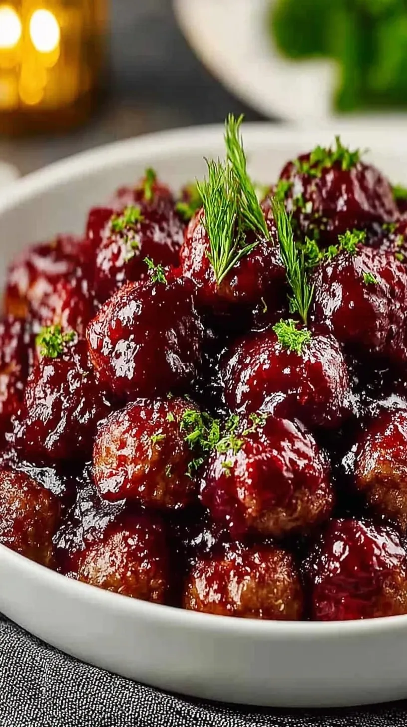A platter of glazed turkey meatballs with red cranberry sauce and green parsley garnish