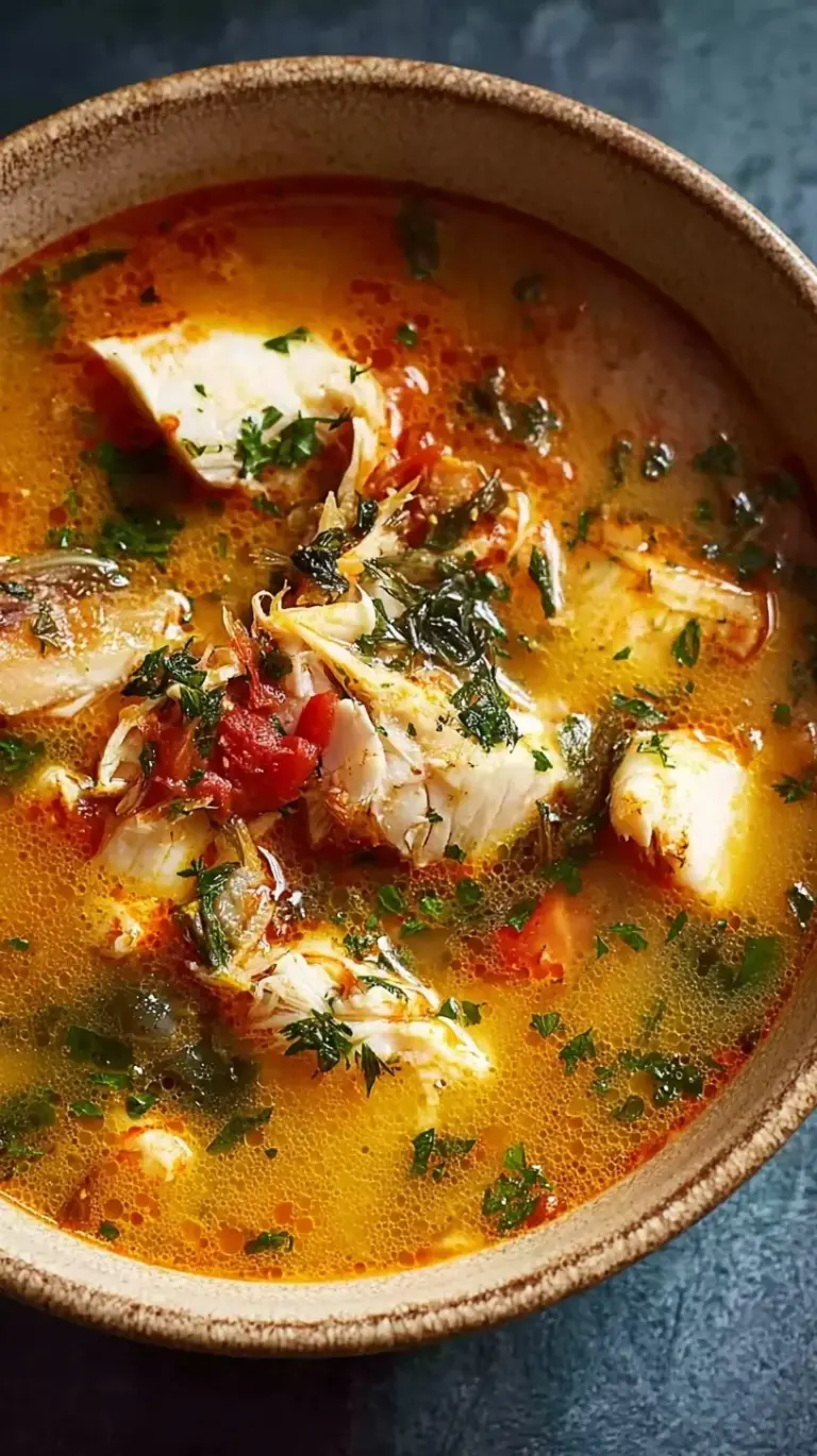 A bowl of Mediterranean fish stew with white fish, tomatoes, and fresh parsley