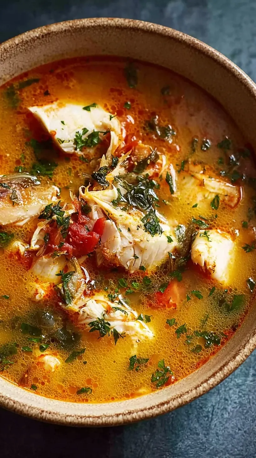 A bowl of Mediterranean fish stew with white fish, tomatoes, and fresh parsley