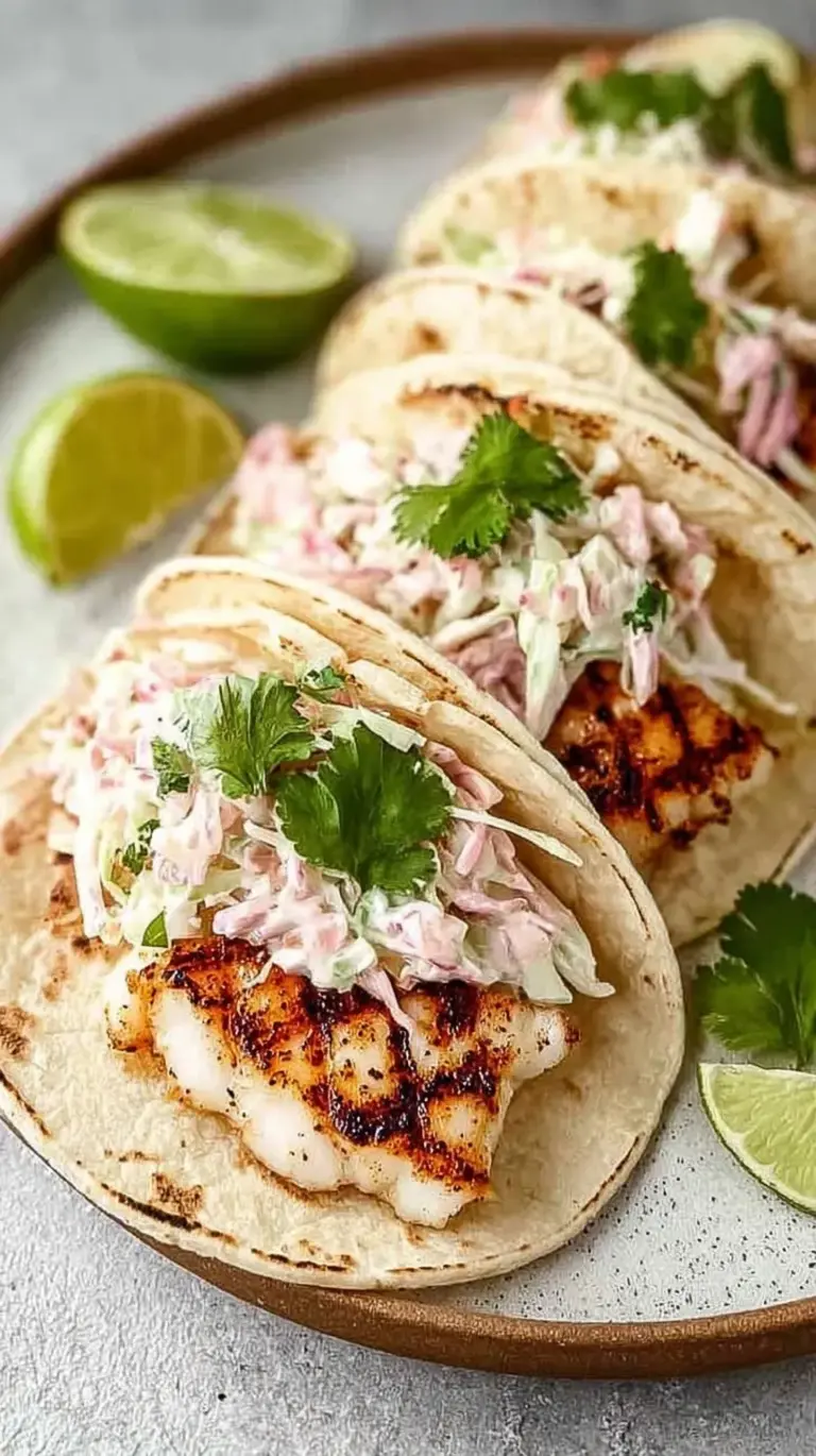 Grilled fish tacos in corn tortillas topped with fresh cabbage slaw and lime