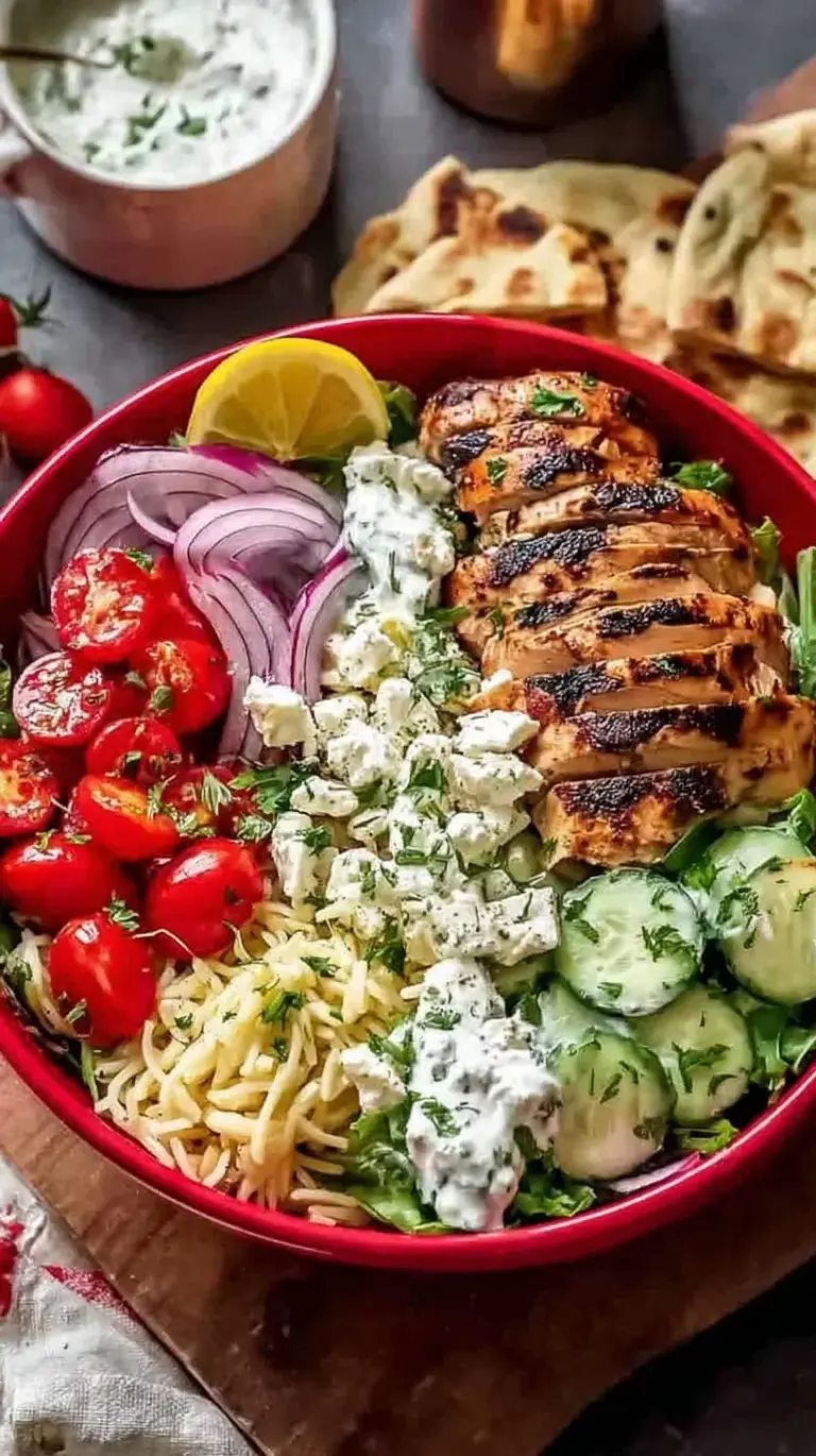Four colorful Greek chicken bowls with grilled chicken, quinoa, cucumber salad, and creamy tzatziki sauce.