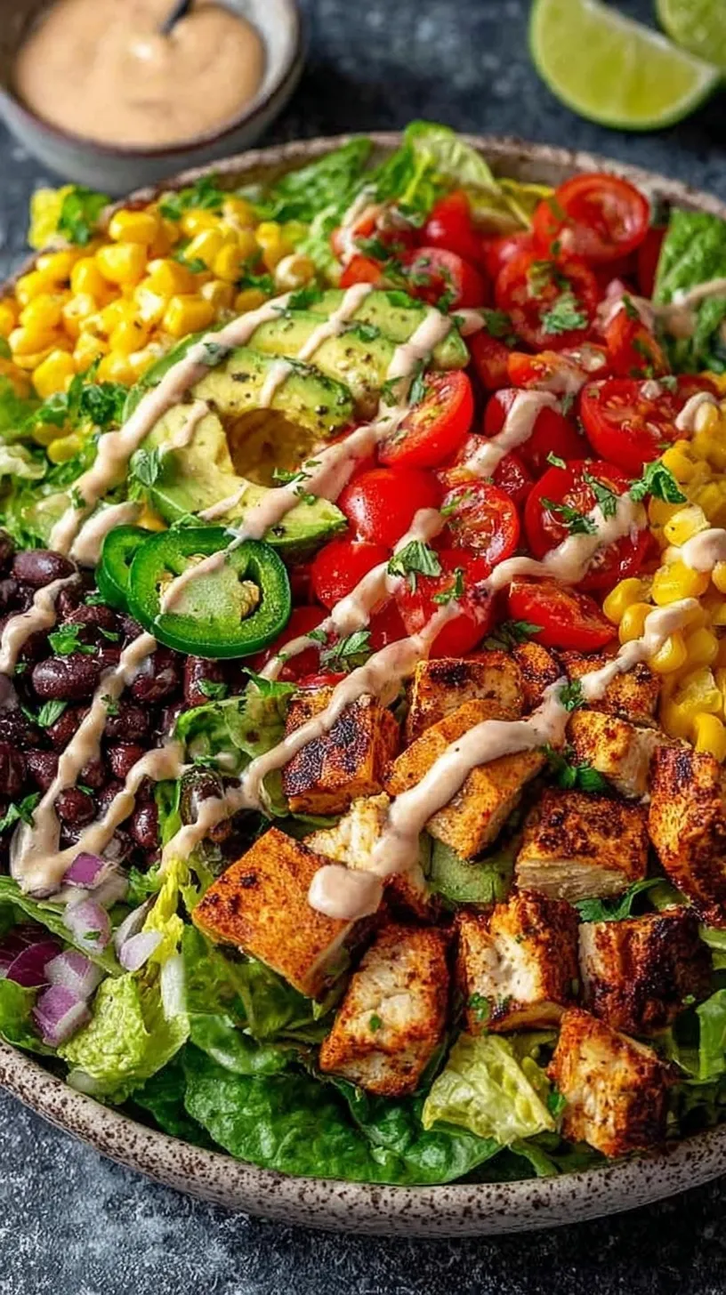 A fresh Spicy Southwest Salad in a bowl with avocado slices and tortilla strips.
