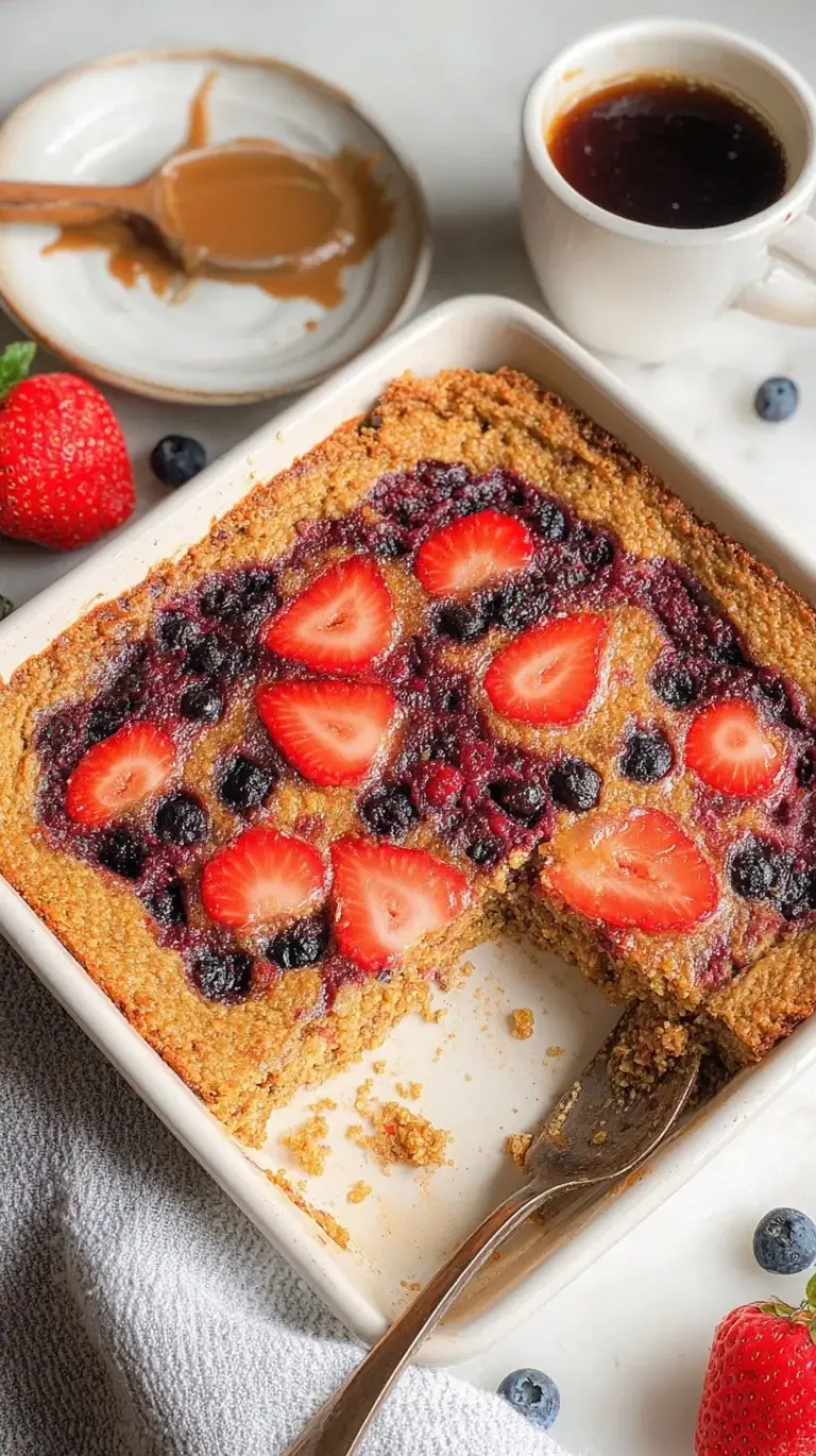 A golden brown quinoa breakfast bake with fresh blueberries and walnuts in a ceramic dish.