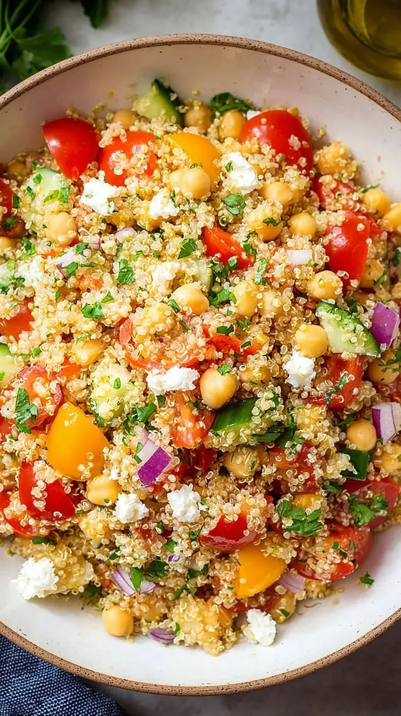 A colorful Quinoa Chickpea Salad with fresh cucumbers, tomatoes, and parsley in a large glass bowl.