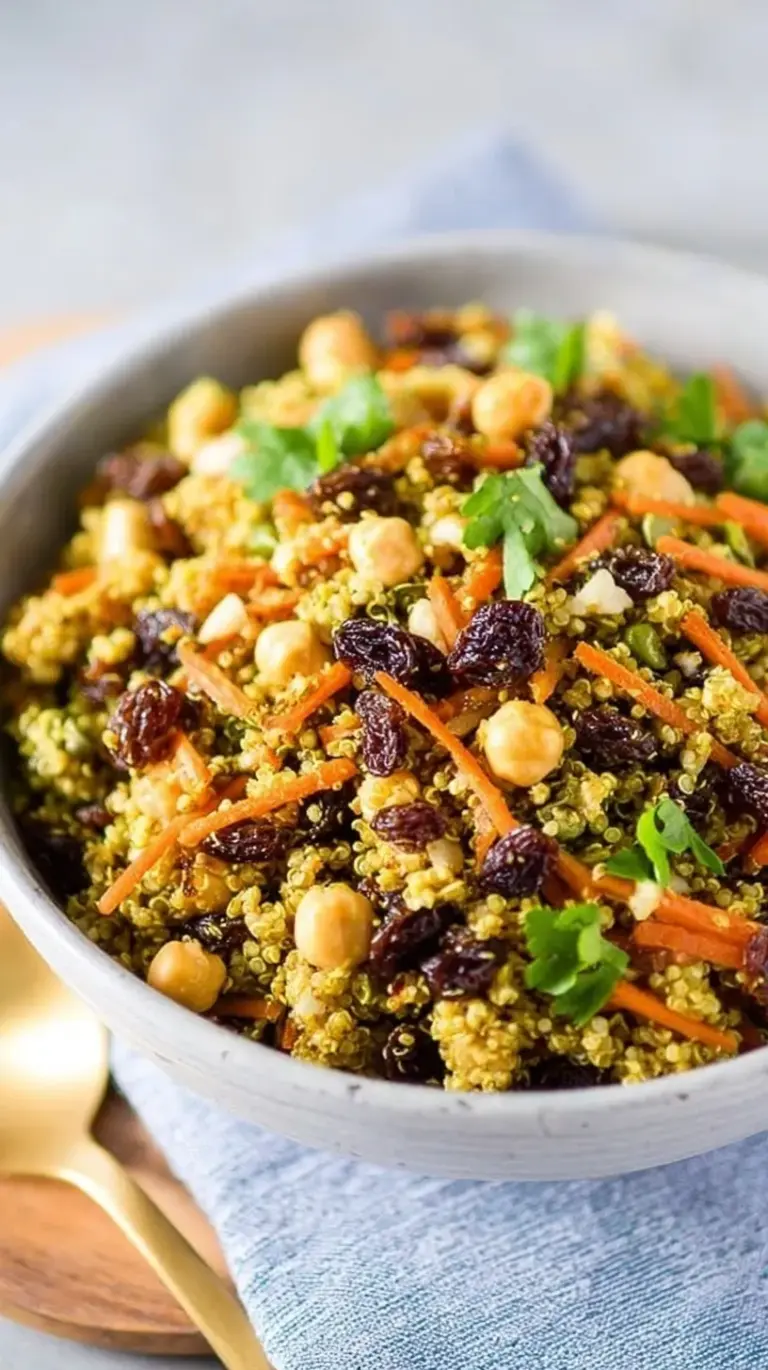 A bright bowl of quinoa salad with golden raisins, diced cucumbers, and fresh parsley on a light wooden table.