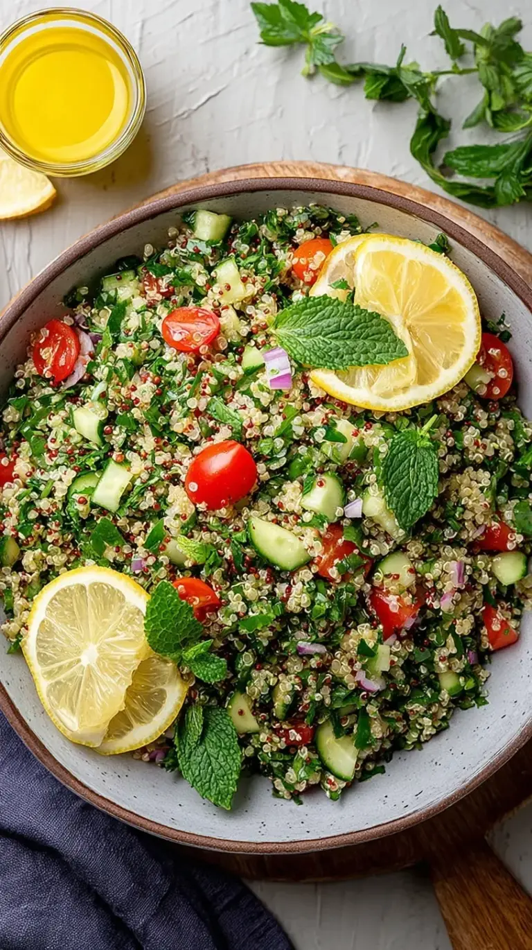 A bowl of fresh quinoa tabbouleh with parsley, tomatoes, and cucumber
