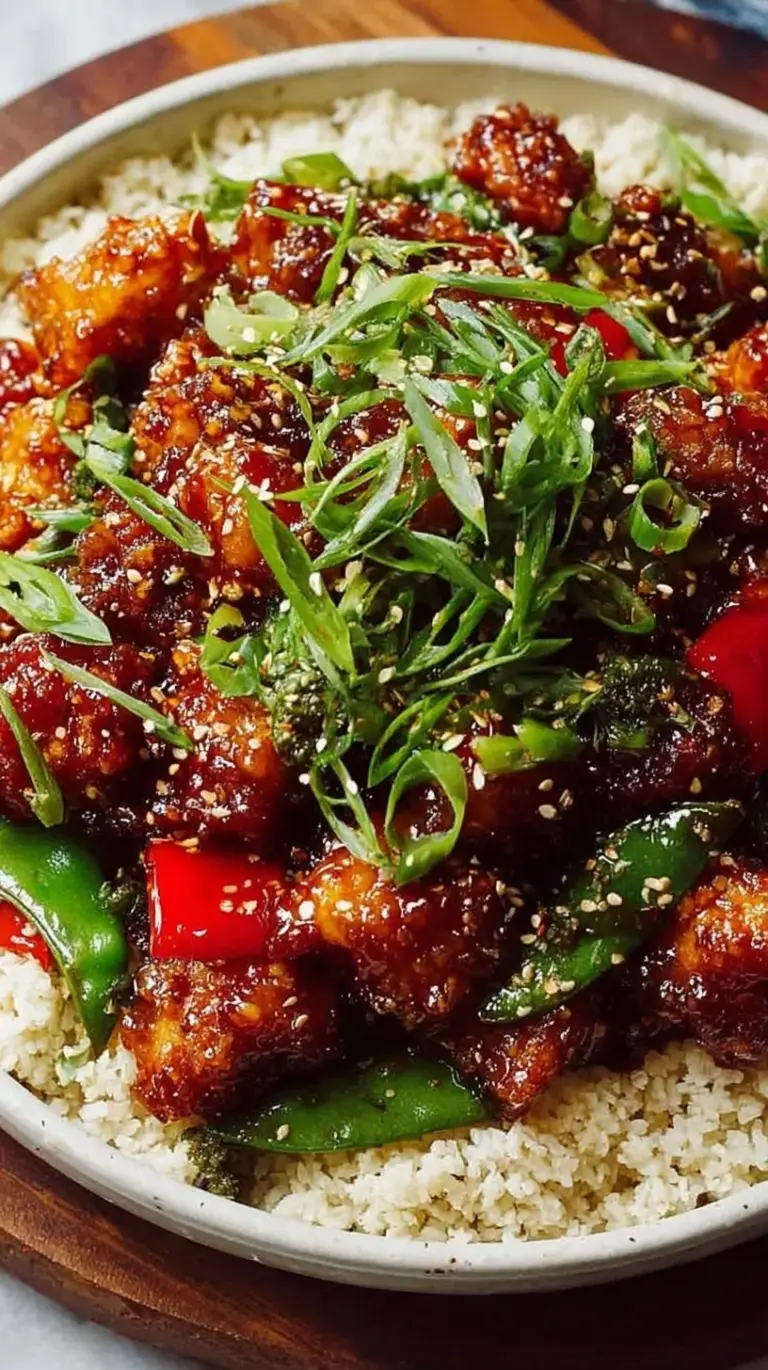 Crispy golden chicken cubes glazed in a glossy red sauce with green onions
